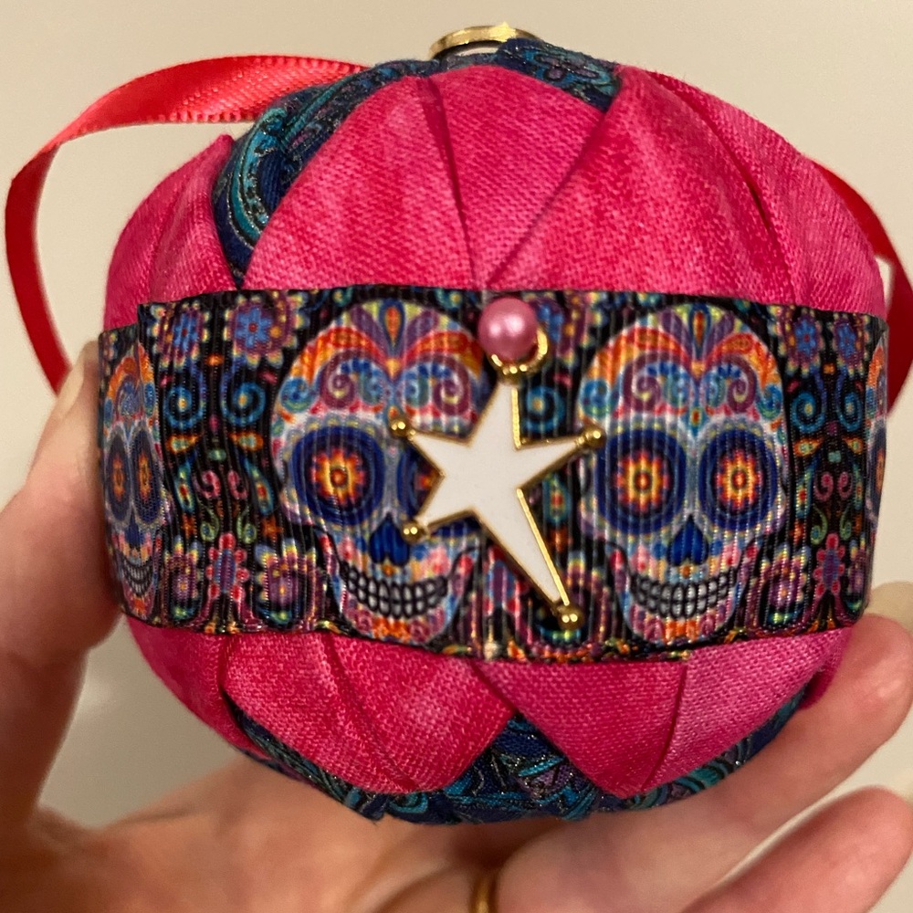 Vibrant Pink Sugar Skulls Handmade Quilted Ornament with Charms